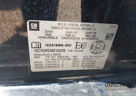 2016 Chevrolet Silverado 2500Hd Lt из США, поврежденный, VIN 1GC1KVEG2GF103378